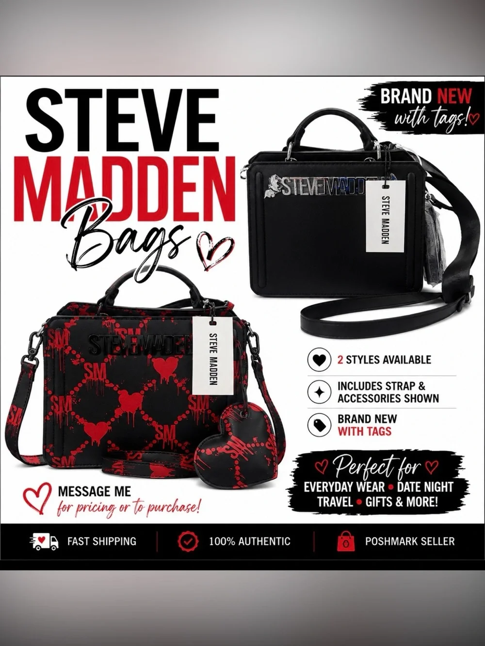 Steve Madden Black and Red Graphic Messenger Bag with Heart Charm